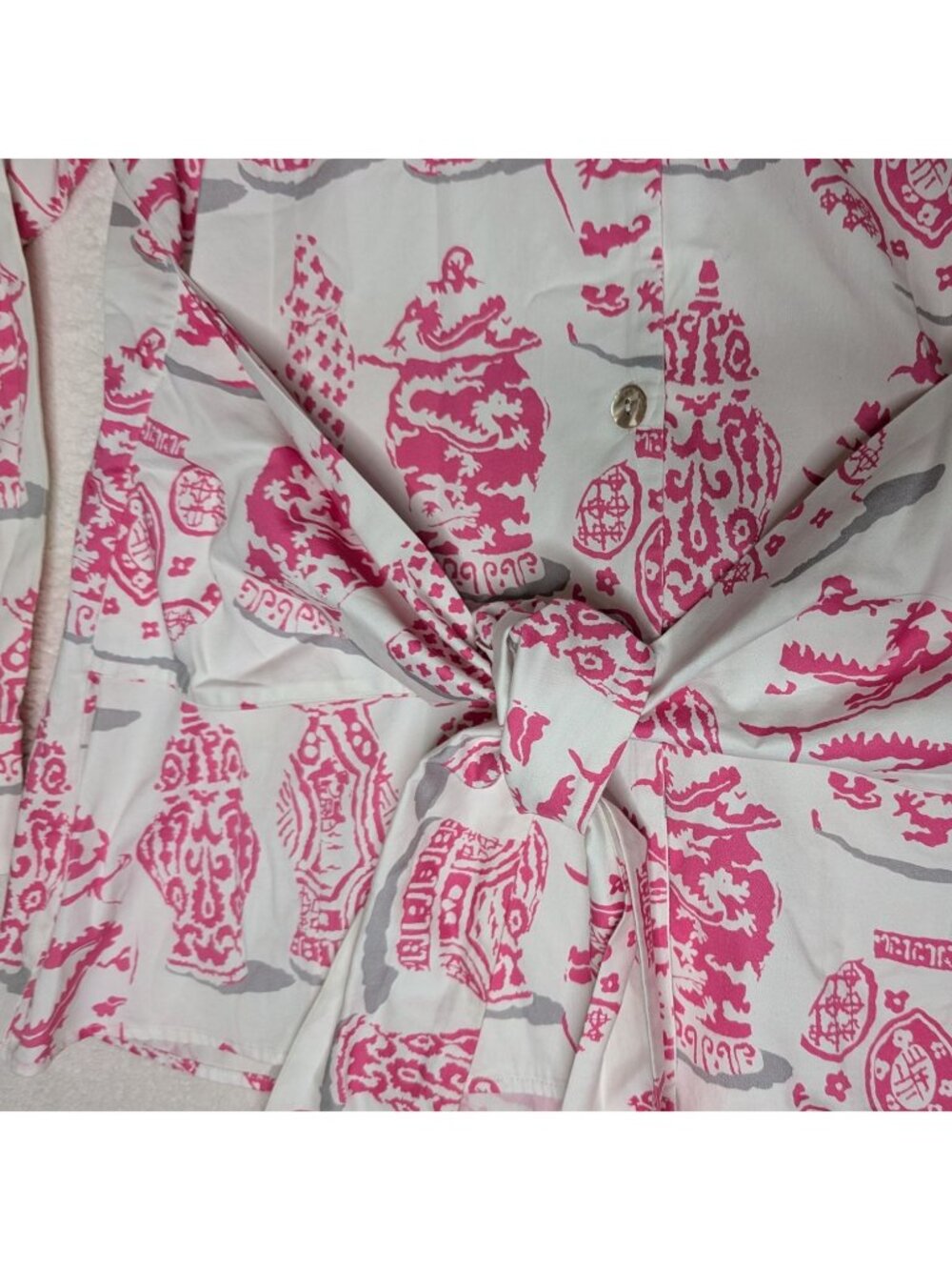 Patty Kim Sash Tie Blouse XL Chinoiserie Pink & White Button Front Minimalist Lu - Picture 8 of 11